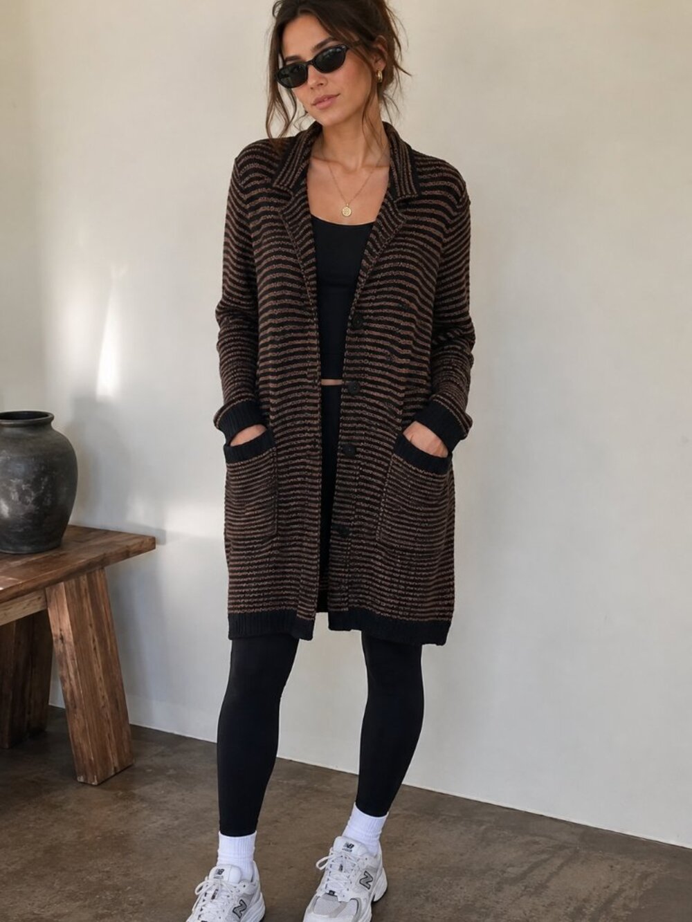 Habitmaker Vintage Striped Knit Cardigan Sweater Coat Brown Black Button Up M/L